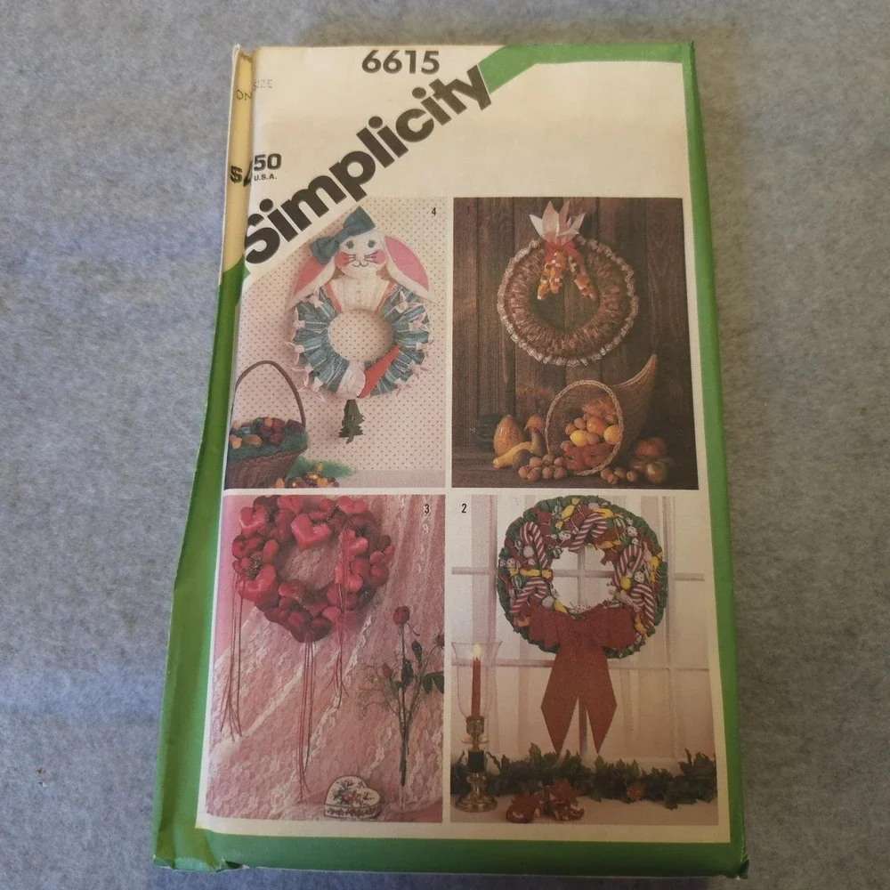 Vintage Simplicity 6615 Wreath Pattern Seasonal Decor Bunny Heart Fall Xmas